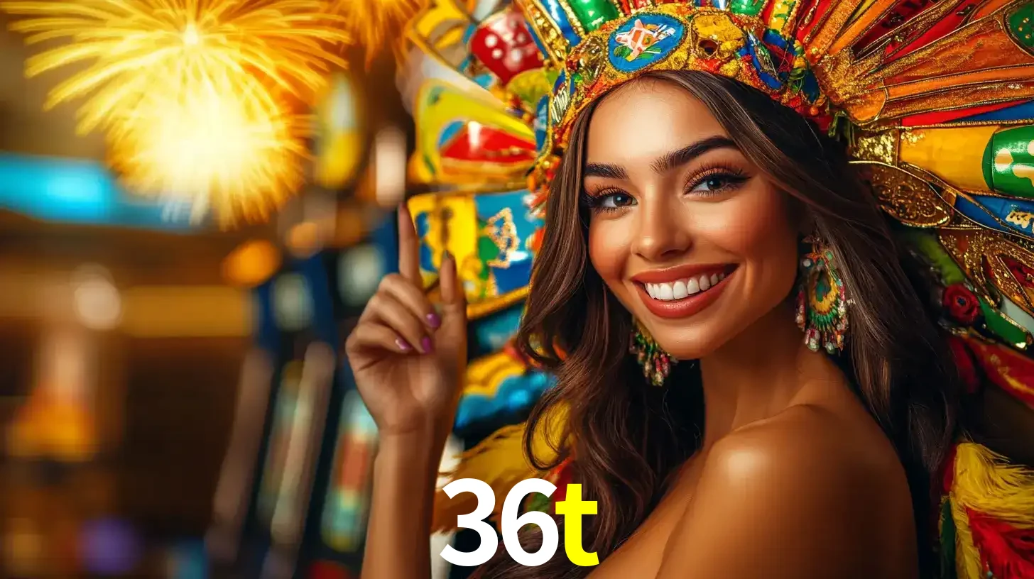 Mulher sorridente com um cocar de carnaval vibrante e colorido, celebrando uma grande vitória nos jogos do cassino 36t com fogos de artifício ao fundo.