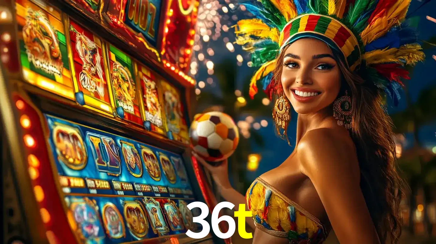 Mulher com um cocar de carnaval ao lado de uma máquina de caça-níqueis enquanto segura uma bola de futebol, mostrando a união da diversão de cassino e esportes no 36t.