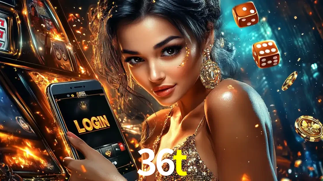 Mulher glamourosa segurando um celular com a tela de login do cassino 36t, rodeada por dados e moedas douradas, pronta para começar a diversão.