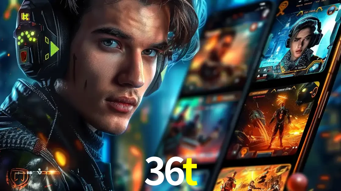 Jovem jogador com fones de ouvido olhando para a câmera, com um aplicativo de jogos e e-sports para celular ao fundo, pronto para a competição e apostas no 36t.