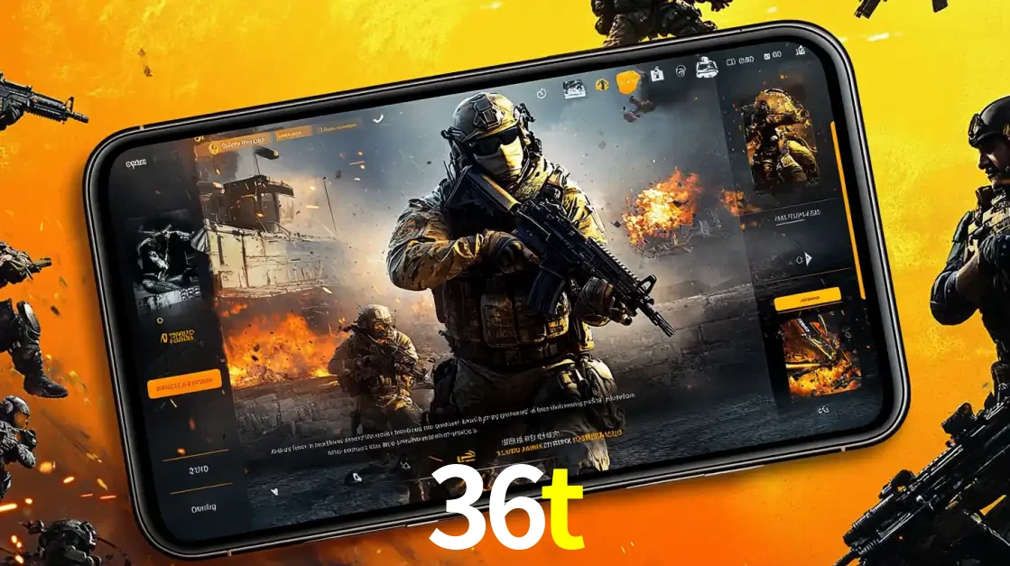 Um smartphone exibindo a interface de um jogo de tiro em primeira pessoa, com um soldado em um cenário de batalha, representando a ação dos e-sports para apostar no 36t.
