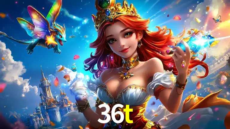 A princesa de um reino de fantasia mágico, com seu pequeno dragão, apresentando um mundo de prêmios encantados nos jogos de caça-níqueis do cassino 36t.