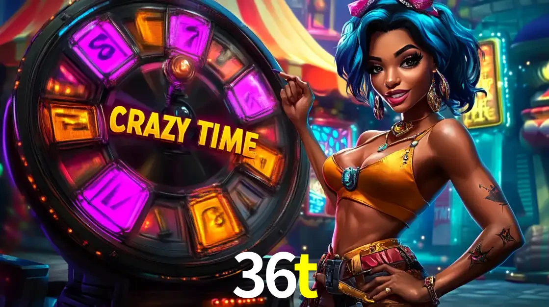 Mulher estilizada com cabelo azul e visual vibrante posando ao lado da roda de prêmios do game show Crazy Time, convidando para a diversão e os bônus do cassino 36t.
