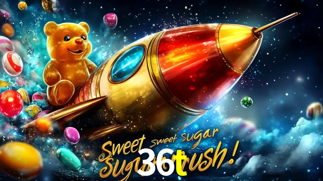 Arte promocional do jogo de slot Sugar Rush, com um urso de pelúcia em um foguete viajando pelo espaço de doces, um dos jogos divertidos disponíveis no cassino 36t.