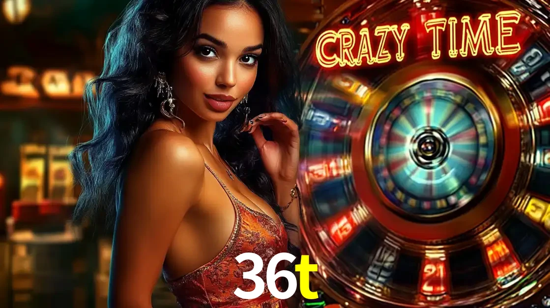 Mulher elegante ao lado da vibrante roda da fortuna do jogo de cassino ao vivo Crazy Time, um dos game shows mais populares e cheios de prêmios do 36t.