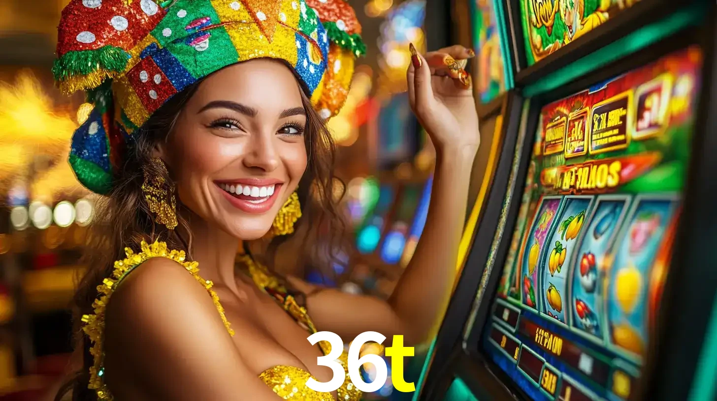 Mulher feliz com traje de carnaval amarelo e colorido ao lado de uma máquina de caça-níqueis, aproveitando a diversão e os jogos temáticos do cassino 36t.