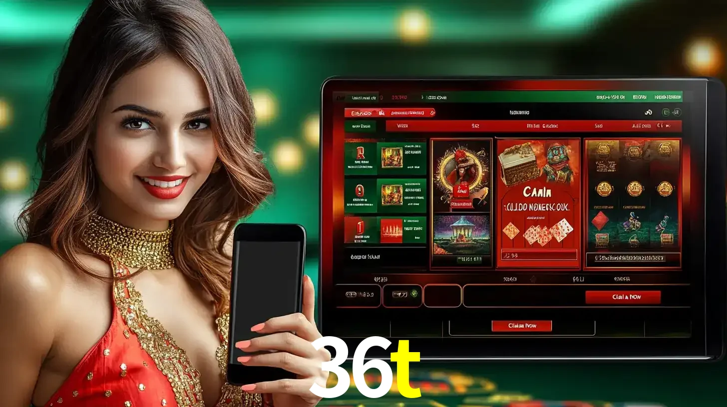 Mulher sorridente segurando um smartphone, ao lado de uma tela exibindo o lobby de jogos do cassino online 36t, com várias opções de jogos de cartas e slots.